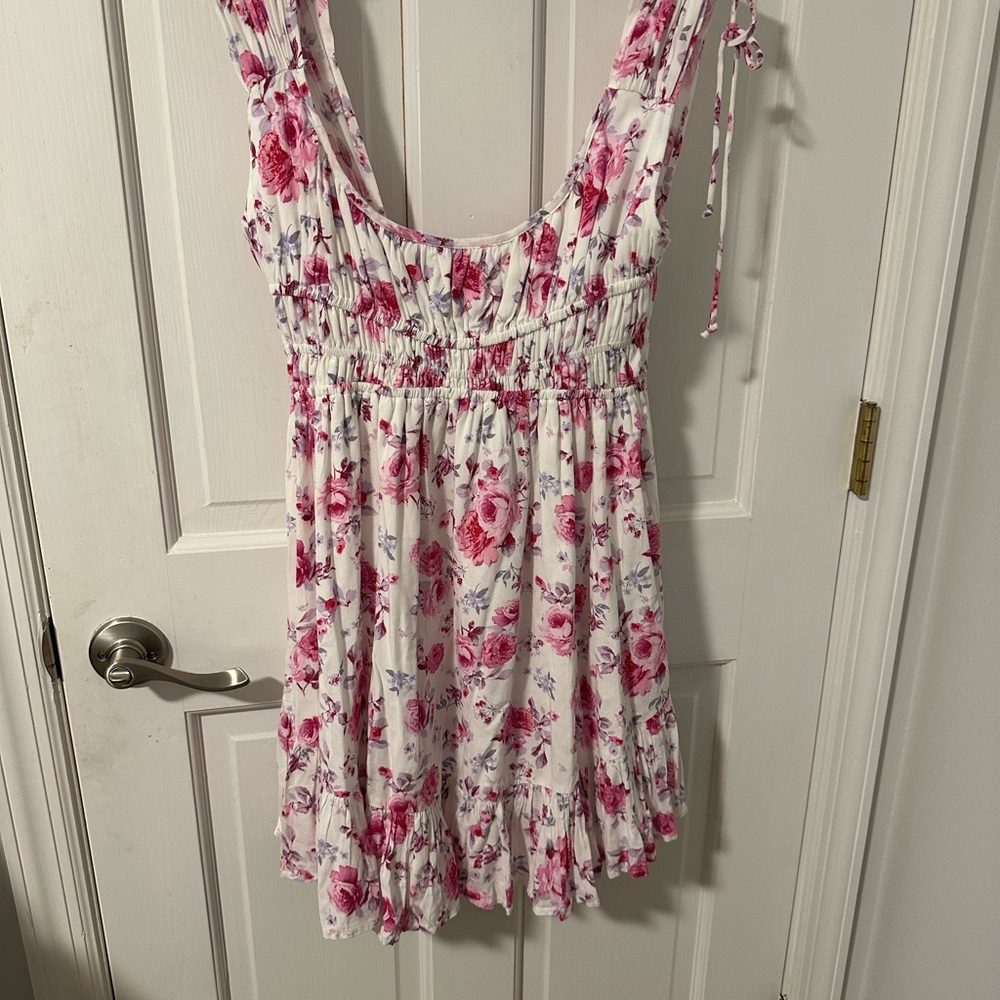 White Floral Tie-Shoulder Camisole Dress with Pink Rose Print